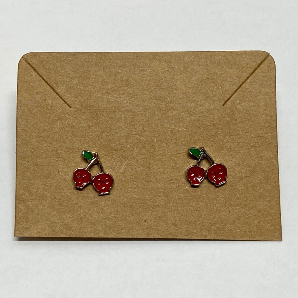 Red Cherry‎ Enamel Stud Earrings Silvertone Tiny Elegant Bright NWOT